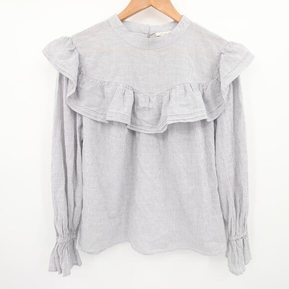 ANA Blouse White Gray Striped Ruffle Detail Long Sleeve Round Neck Cotton 0X - Picture 1 of 8